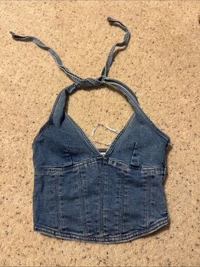 Garage Denim Halter Crop Top - Blue